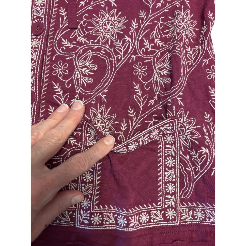 Soft Surroundings Burgundy Embroidered Button Up Hoodie Cotton Small 2EG93 - Picture 7 of 13